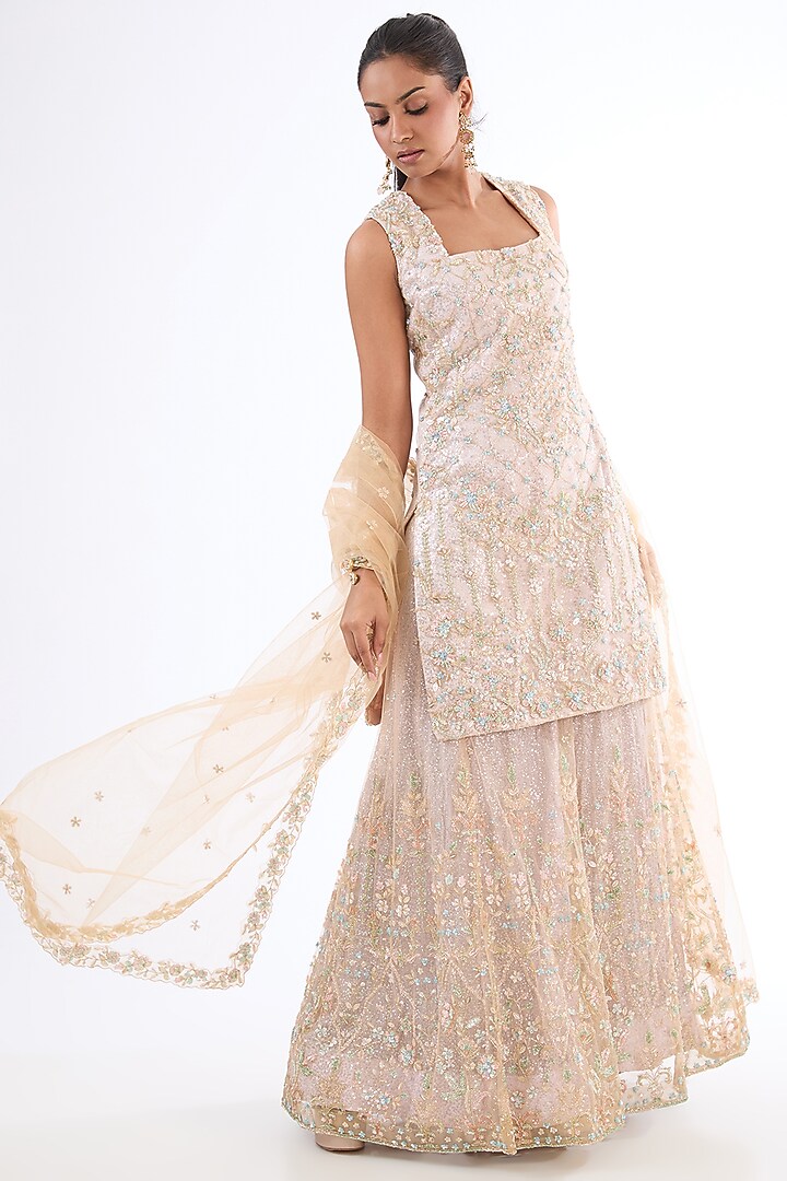 Hot Pink Chanderi Embroidered Sharara Set
