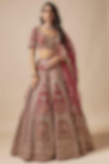Red Raw Silk Embroidered Bridal Lehenga Set by Kalighata at Pernia's Pop Up Shop