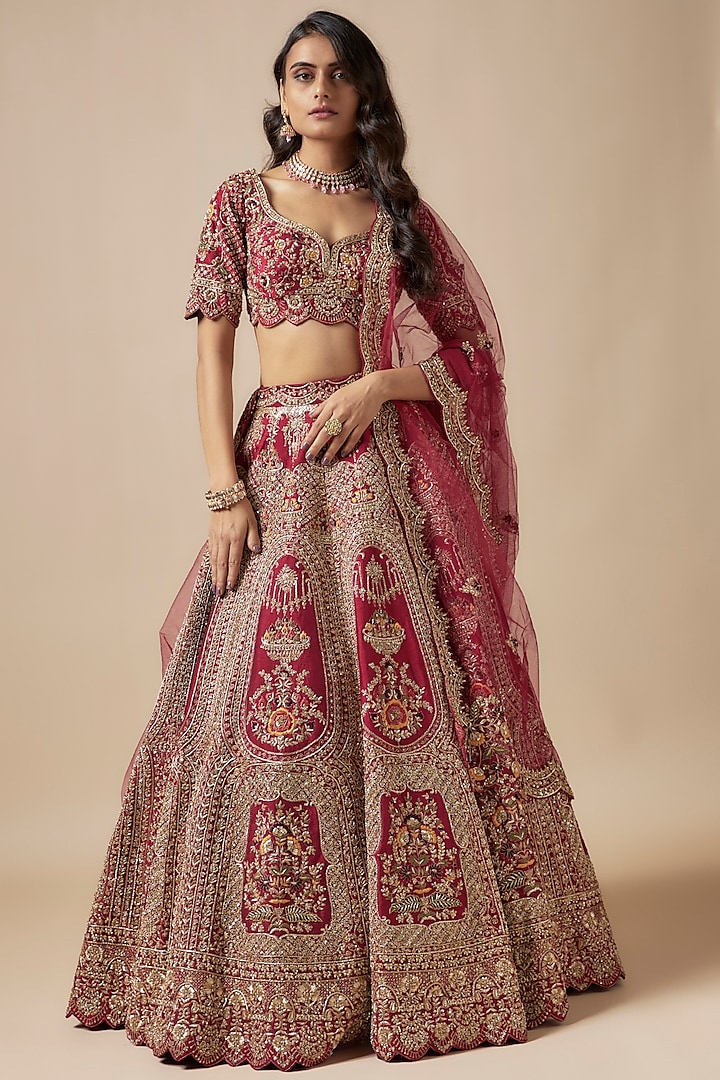 Red Raw Silk Embroidered Bridal Lehenga Set by Kalighata at Pernia's Pop Up Shop