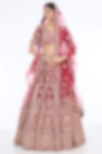 Maroon Raw Silk Embroidered Bridal Lehenga Set by Kalighata at Pernia's Pop Up Shop