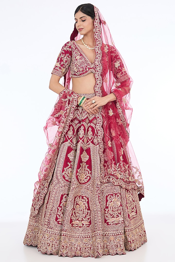 Maroon Raw Silk Embroidered Bridal Lehenga Set by Kalighata at Pernia's Pop Up Shop