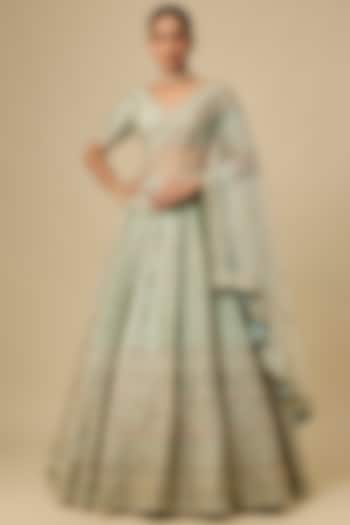 Firoza Green Raw Silk Hand & Machine Embroidered Bridal Lehenga Set by Kalighata at Pernia's Pop Up Shop