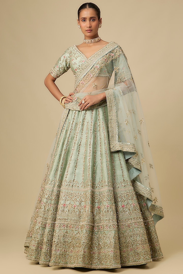 Firoza Green Raw Silk Hand & Machine Embroidered Bridal Lehenga Set by Kalighata at Pernia's Pop Up Shop