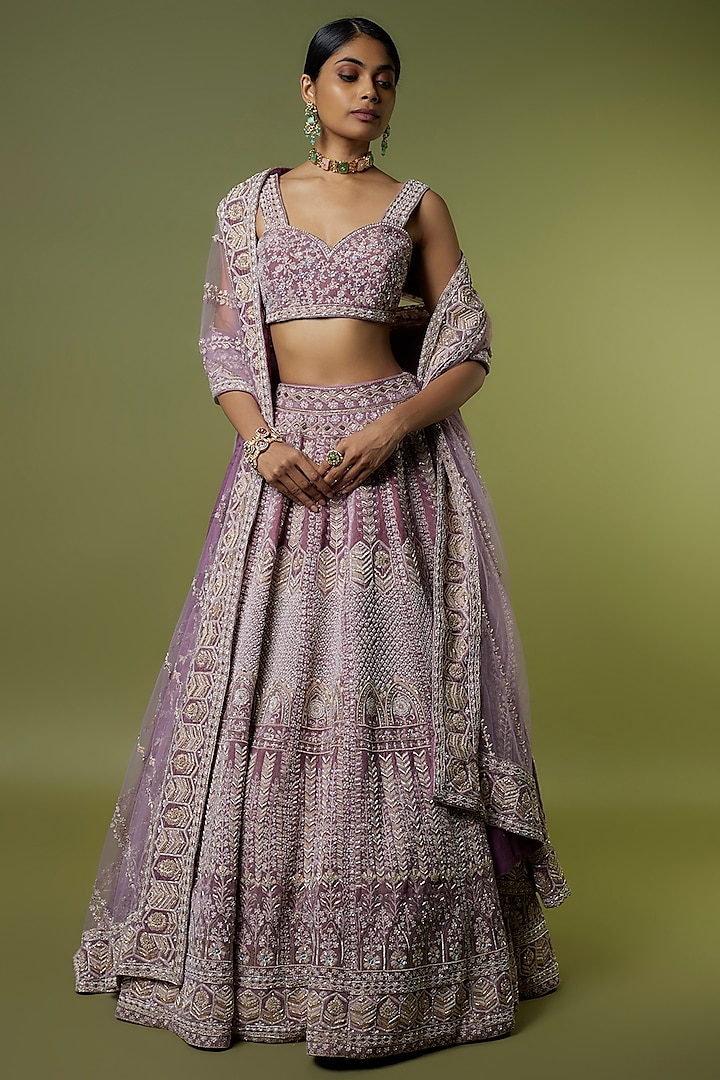 Purple Velvet Zari Hand Embroidered Bridal Lehenga Set by Kalighata at Pernia's Pop Up Shop