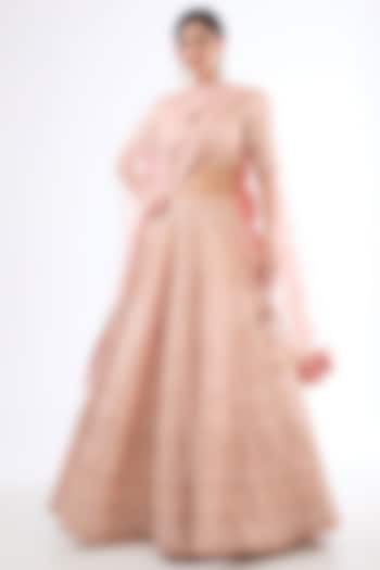 Peach Raw Silk Hand & Machine Embroidered Bridal Lehenga Set by Kalighata at Pernia's Pop Up Shop
