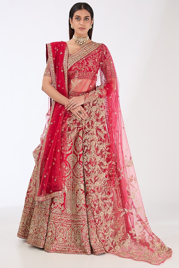 Red Raw Silk Zardosi Hand Embroidered Lehenga Set by Kalighata