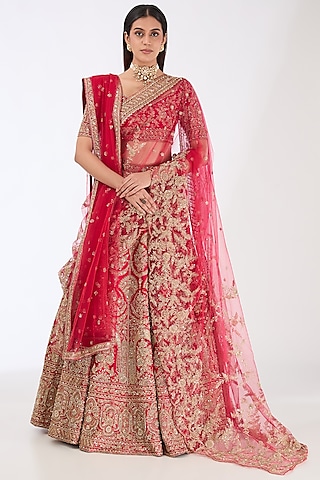 Red Raw Silk Zardosi Hand Embroidered Lehenga Set by Kalighata