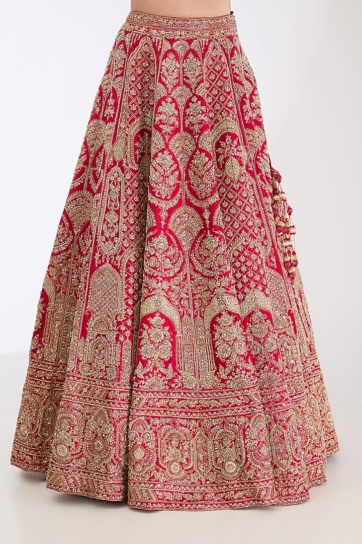 Red Raw Silk Zardosi Hand Embroidered Bridal Lehenga Set by Kalighata at Pernia's Pop Up Shop