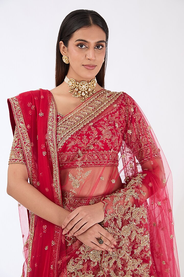 Red Raw Silk Zardosi Hand Embroidered Bridal Lehenga Set by Kalighata at Pernia's Pop Up Shop