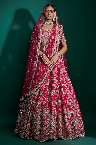 Fuchsia Raw Silk Thread Hand & Machine Embroidered Lehenga Set by Kalighata
