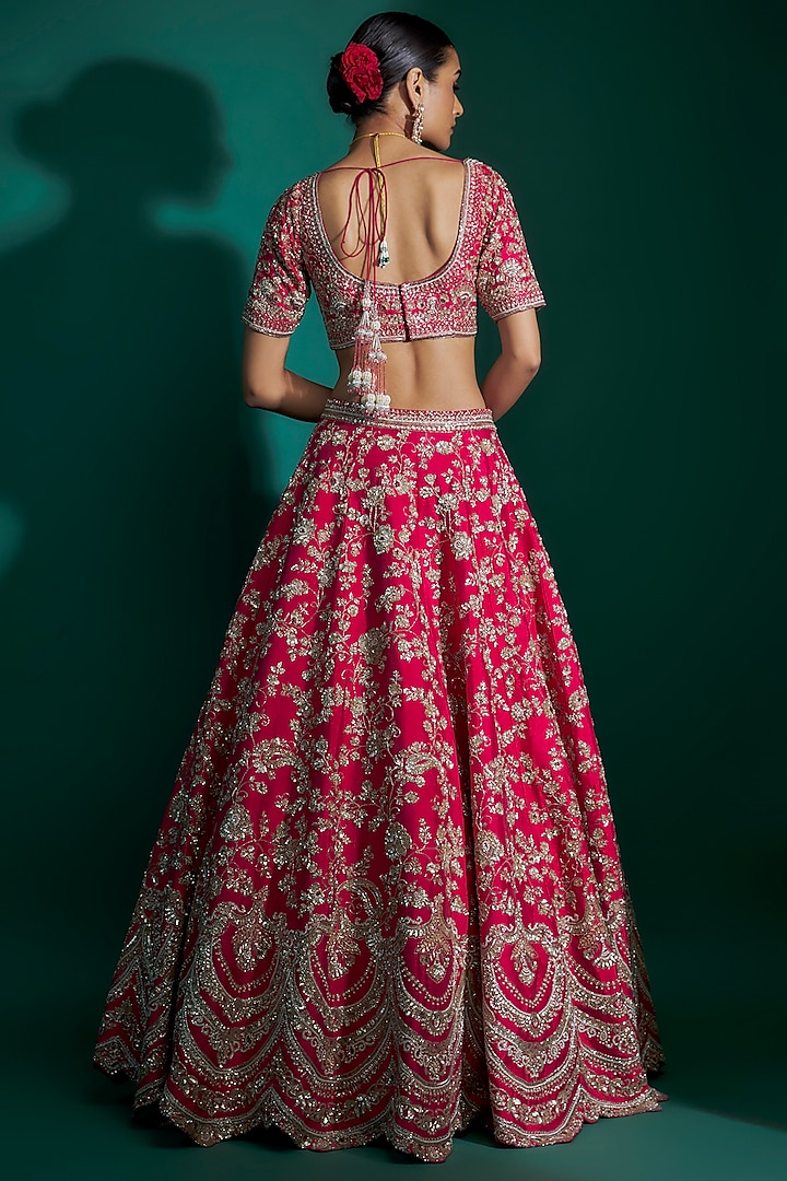 Fuchsia Raw Silk Thread Hand & Machine Embroidered Bridal Lehenga Set by Kalighata at Pernia's Pop Up Shop
