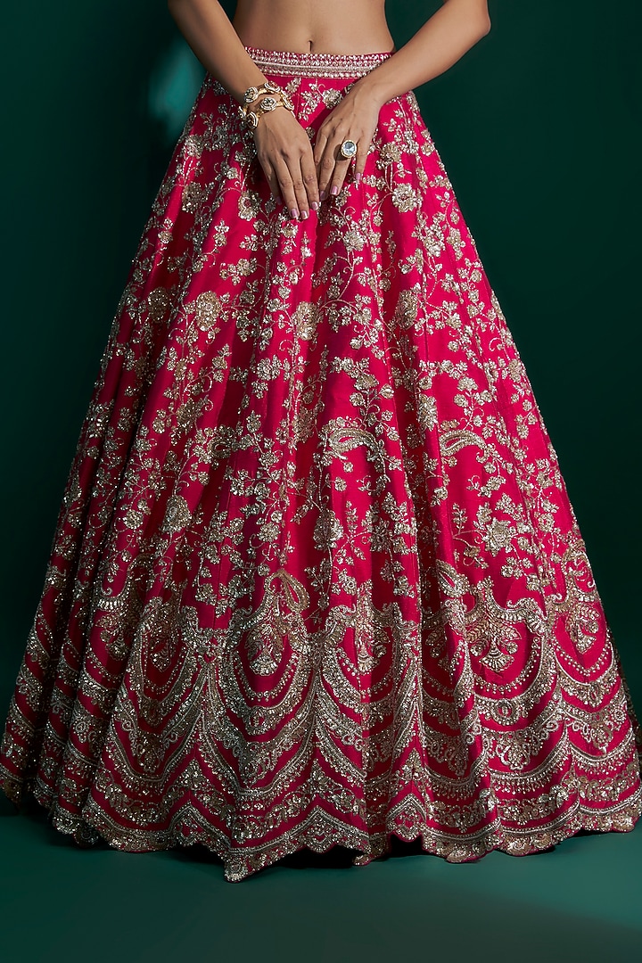 Fuchsia Raw Silk Thread Hand & Machine Embroidered Bridal Lehenga Set by Kalighata at Pernia's Pop Up Shop