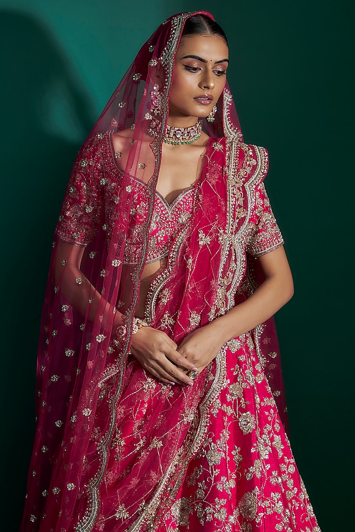Fuchsia Raw Silk Thread Hand & Machine Embroidered Bridal Lehenga Set by Kalighata at Pernia's Pop Up Shop