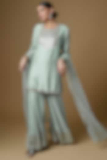 Aqua Chanderi Embroidered Wedding Sharara Set by Kalighata at Pernia's Pop Up Shop