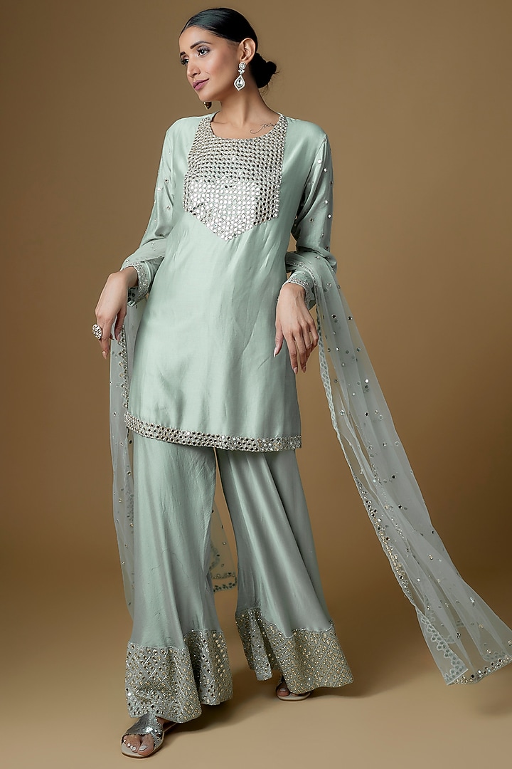 Aqua Chanderi Embroidered Wedding Sharara Set by Kalighata at Pernia's Pop Up Shop