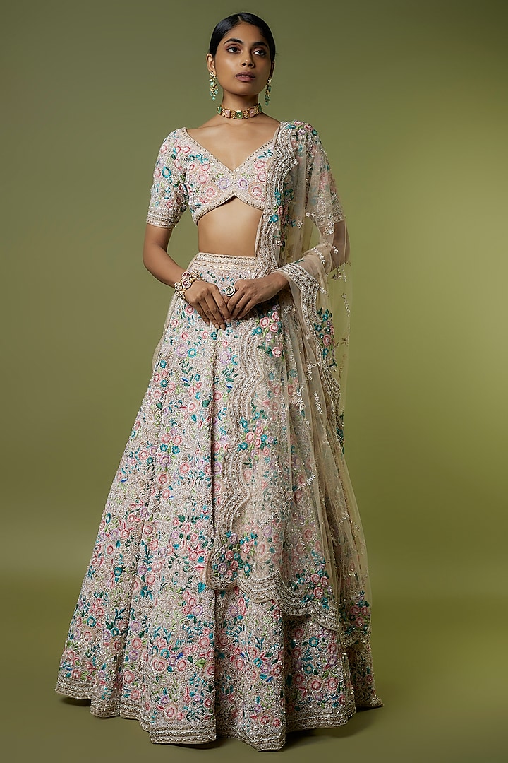Off-White Raw Silk Zari Hand Embroidered Bridal Lehenga Set by Kalighata at Pernia's Pop Up Shop