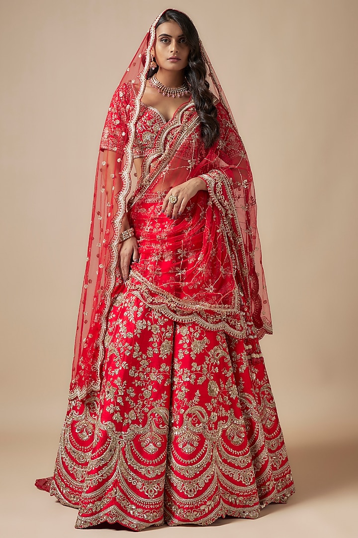 Red Raw Silk Hand & Machine Embroidered Lehenga Set by Kalighata