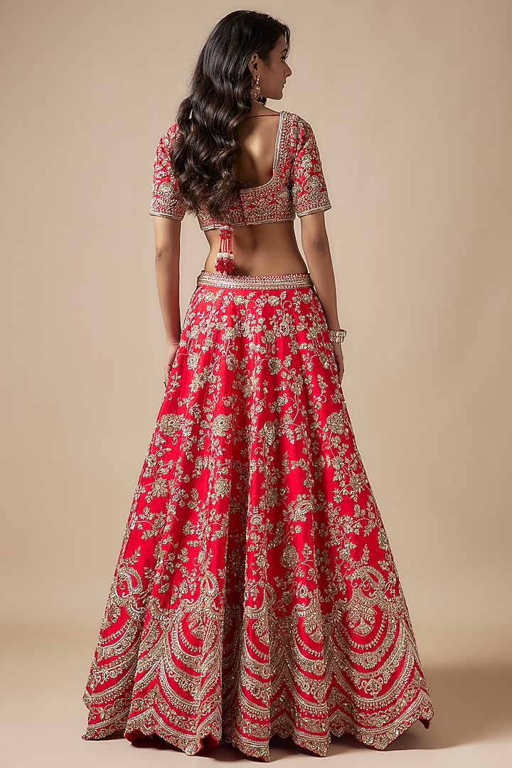 Red Raw Silk Hand & Machine Embroidered Bridal Lehenga Set by Kalighata at Pernia's Pop Up Shop