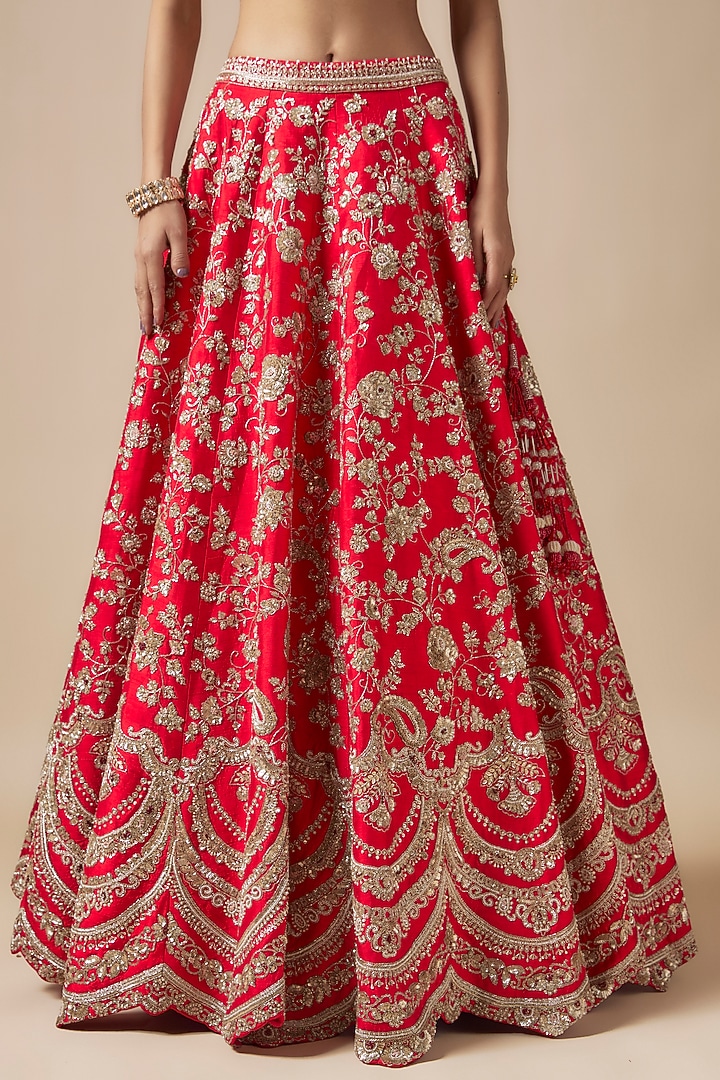 Red Raw Silk Hand & Machine Embroidered Bridal Lehenga Set by Kalighata at Pernia's Pop Up Shop