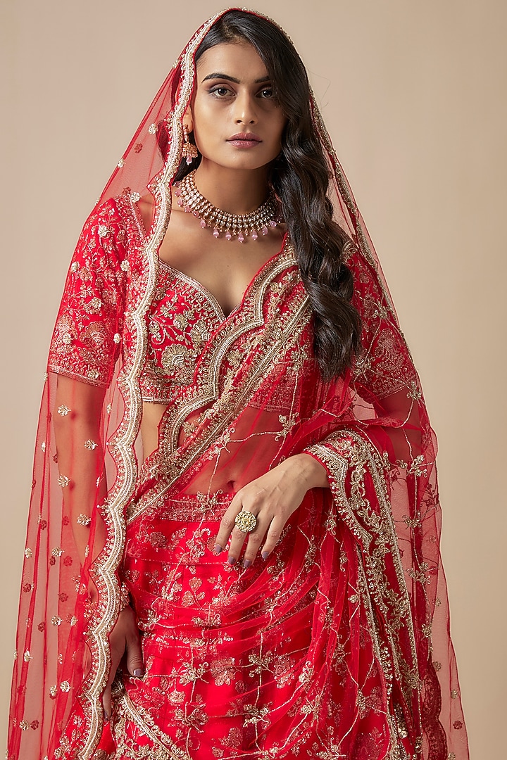 Red Raw Silk Hand & Machine Embroidered Bridal Lehenga Set by Kalighata at Pernia's Pop Up Shop