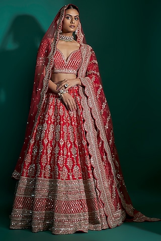 Red Raw Silk Zari Hand & Machine Embroidered Lehenga Set by Kalighata