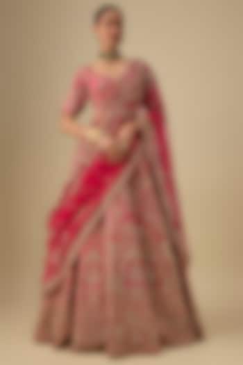 Rani Pink Raw Silk Hand & Machine Embroidered Bridal lehenga for 22 Lehenga Set by Kalighata at Pernia's Pop Up Shop