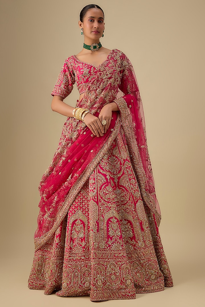Rani Pink Raw Silk Hand & Machine Embroidered Bridal lehenga for 22 Lehenga Set by Kalighata at Pernia's Pop Up Shop
