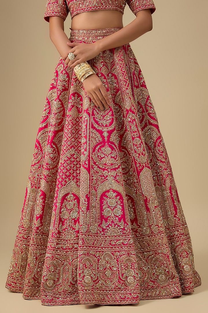 Rani Pink Raw Silk Hand & Machine Embroidered Bridal Lehenga Set by Kalighata at Pernia's Pop Up Shop