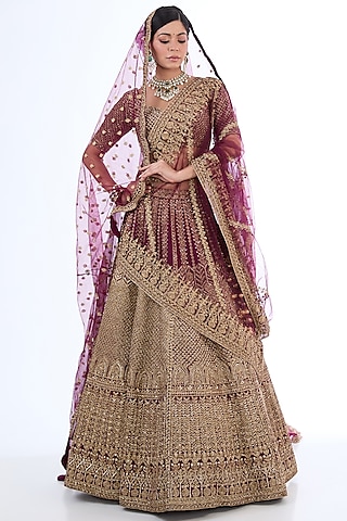Wine Velvet Cutdana Hand Embroidered Lehenga Set by Kalighata