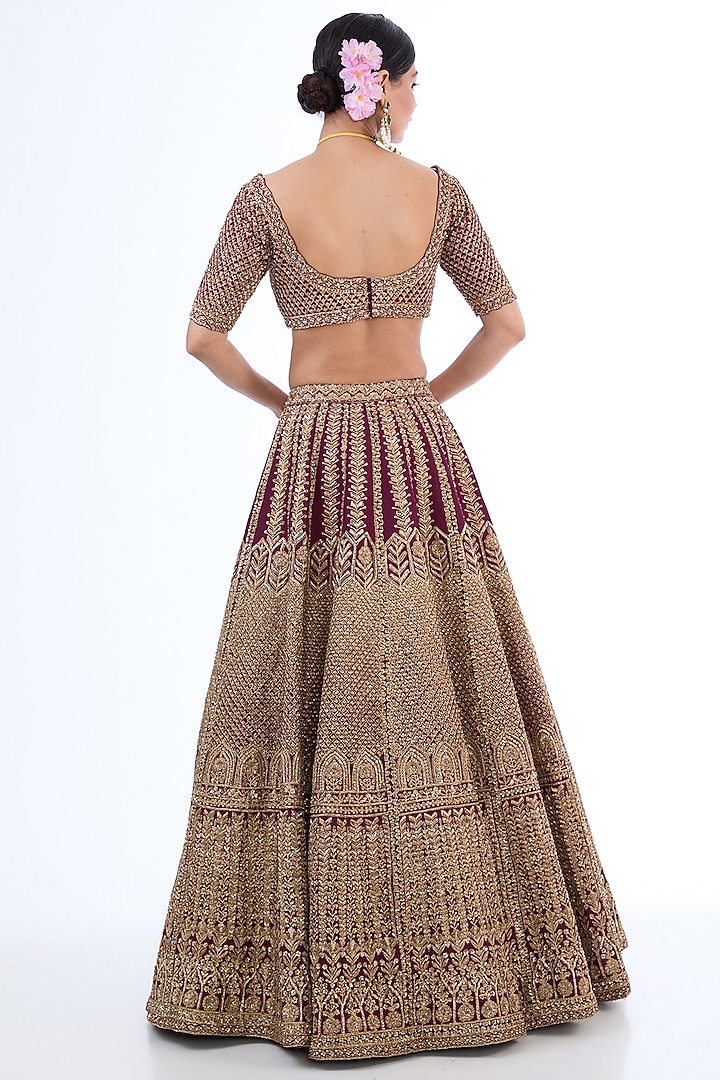 Wine Velvet Cutdana Hand Embroidered Bridal Lehenga Set by Kalighata at Pernia's Pop Up Shop