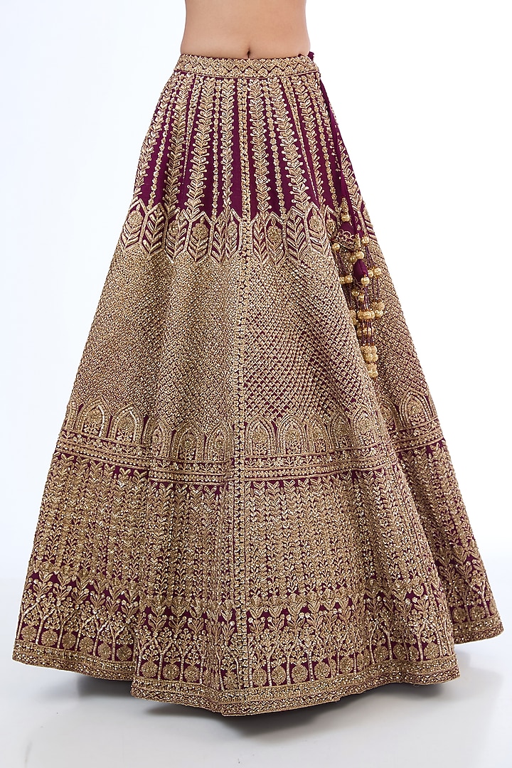 Wine Velvet Cutdana Hand Embroidered Bridal Lehenga Set by Kalighata at Pernia's Pop Up Shop