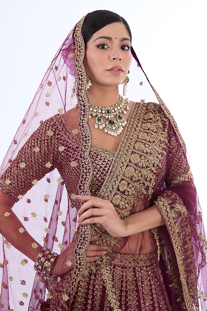 Wine Velvet Cutdana Hand Embroidered Bridal Lehenga Set by Kalighata at Pernia's Pop Up Shop
