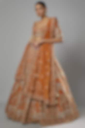 Rust Raw Silk Embroidered Bridal Lehenga Set by Kalighata at Pernia's Pop Up Shop