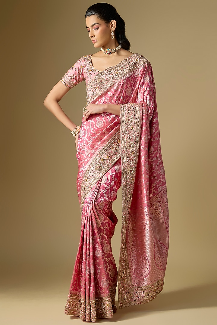 Orange-Rani Banarasi Silk Bridal Saree Set by Kalighata at Pernia's Pop Up Shop