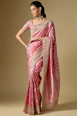 Orange-Rani Banarasi Silk Saree Set by Kalighata