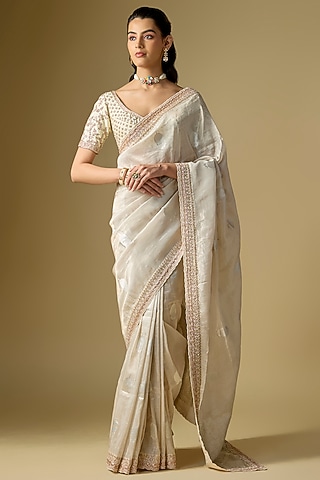 Ivory Banarasi Silk Saree Set by Kalighata