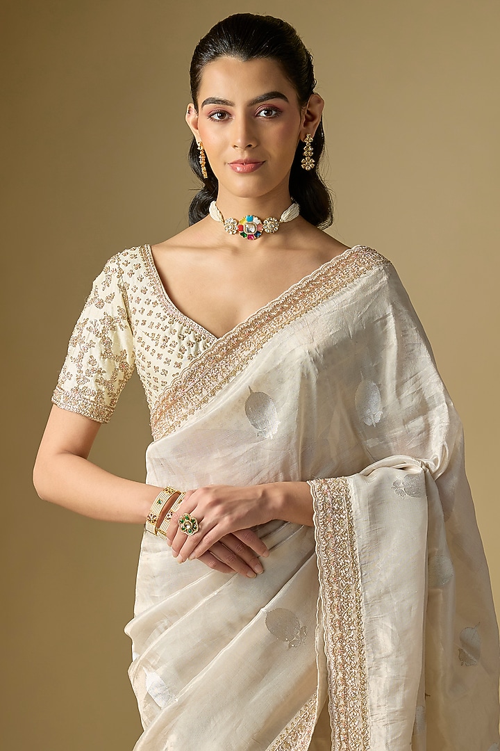 Ivory Banarasi Silk Reception Saree Set by Kalighata at Pernia's Pop Up Shop