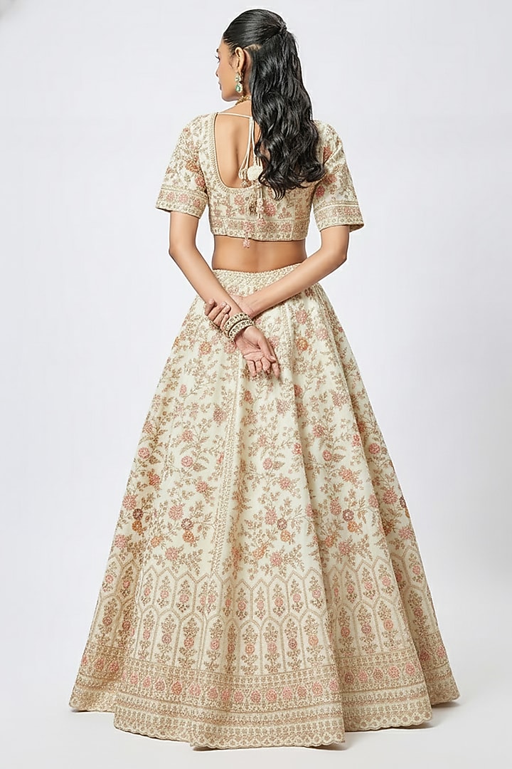 Ivory Raw Silk Hand & Machine Embroidered Bridal Lehenga Set by Kalighata at Pernia's Pop Up Shop