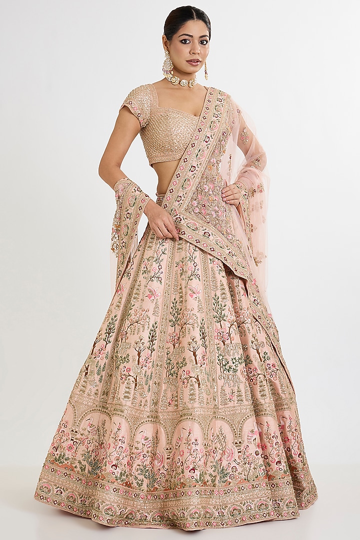 Pink Raw Silk Cutdana Hand Embellished Bridal Lehenga Set by Kalighata at Pernia's Pop Up Shop
