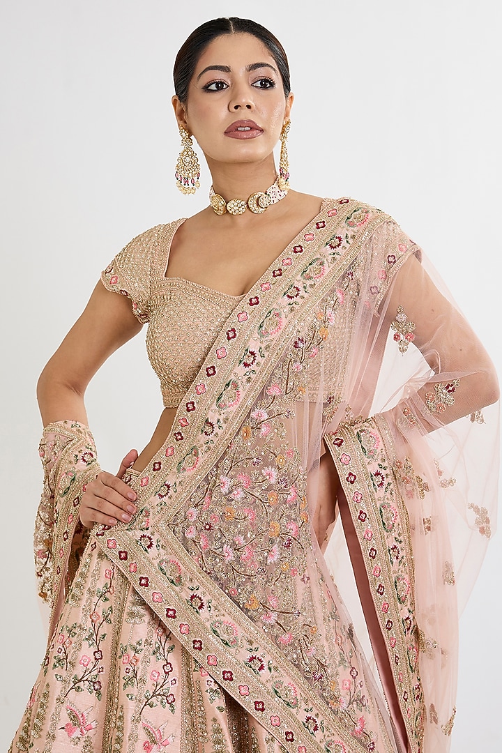Pink Raw Silk Cutdana Hand Embellished Bridal Lehenga Set by Kalighata at Pernia's Pop Up Shop