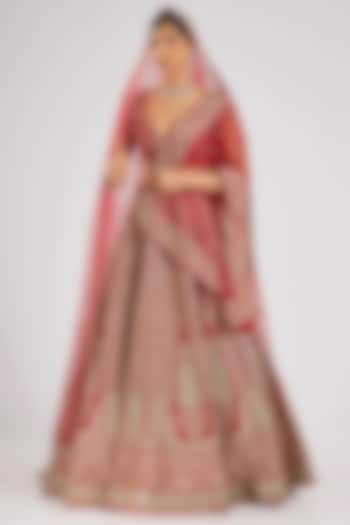 Red Raw Silk Embroidered Bridal Lehenga Set by Kalighata at Pernia's Pop Up Shop