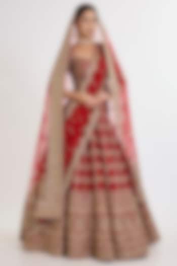 Red Raw Silk Zardosi Embroidered Bridal Lehenga Set by Kalighata at Pernia's Pop Up Shop