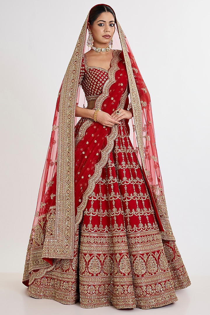 Red Raw Silk Zardosi Embroidered Bridal Lehenga Set by Kalighata at Pernia's Pop Up Shop