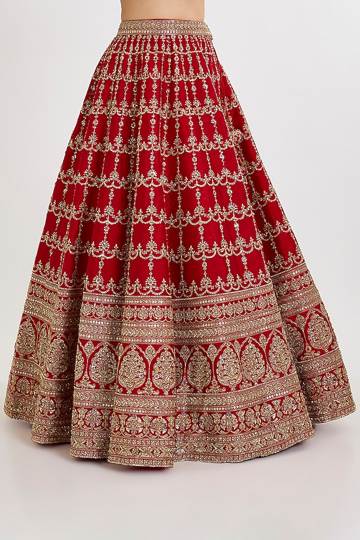 Red Raw Silk Zardosi Embroidered Bridal Lehenga Set by Kalighata at Pernia's Pop Up Shop