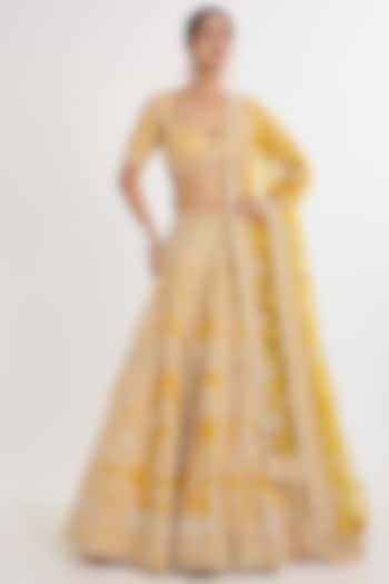 Yellow Raw Silk Cutdana Embellished Bridal Lehenga Set by Kalighata at Pernia's Pop Up Shop