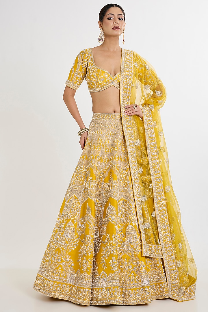 Yellow Raw Silk Cutdana Embellished Bridal Lehenga Set by Kalighata at Pernia's Pop Up Shop