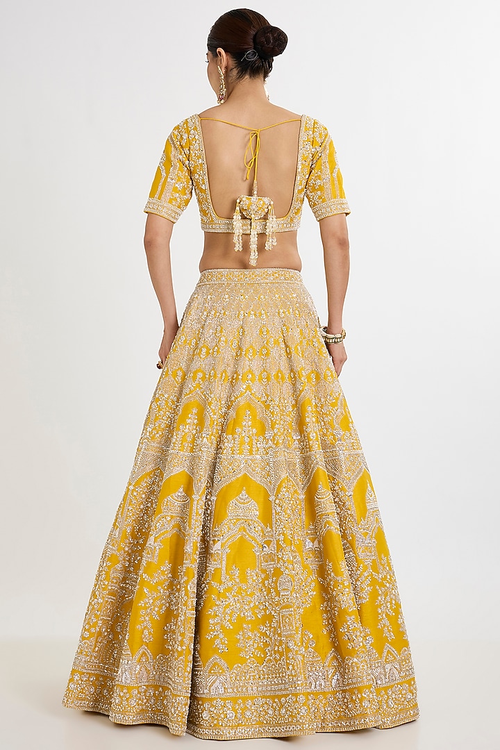 Yellow Raw Silk Cutdana Embellished Bridal Lehenga Set by Kalighata at Pernia's Pop Up Shop