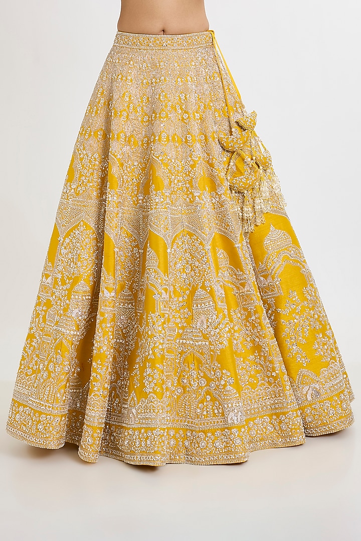 Yellow Raw Silk Cutdana Embellished Bridal Lehenga Set by Kalighata at Pernia's Pop Up Shop
