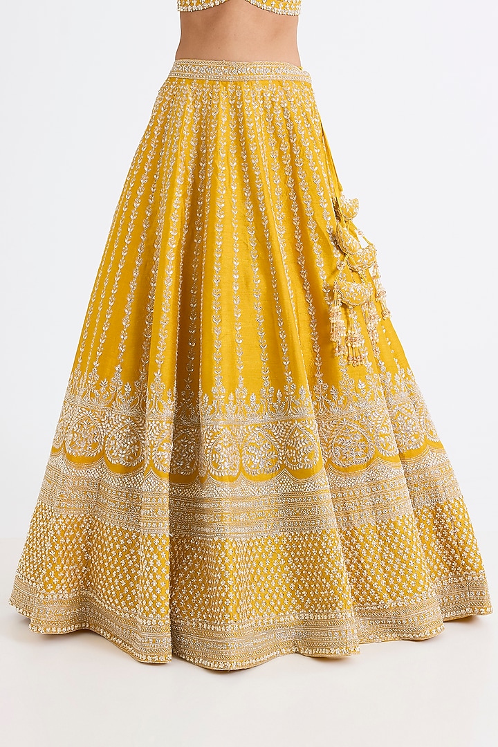 Yellow Raw Silk Zari Hand & Machine Embroidered Bridal Lehenga Set by Kalighata at Pernia's Pop Up Shop
