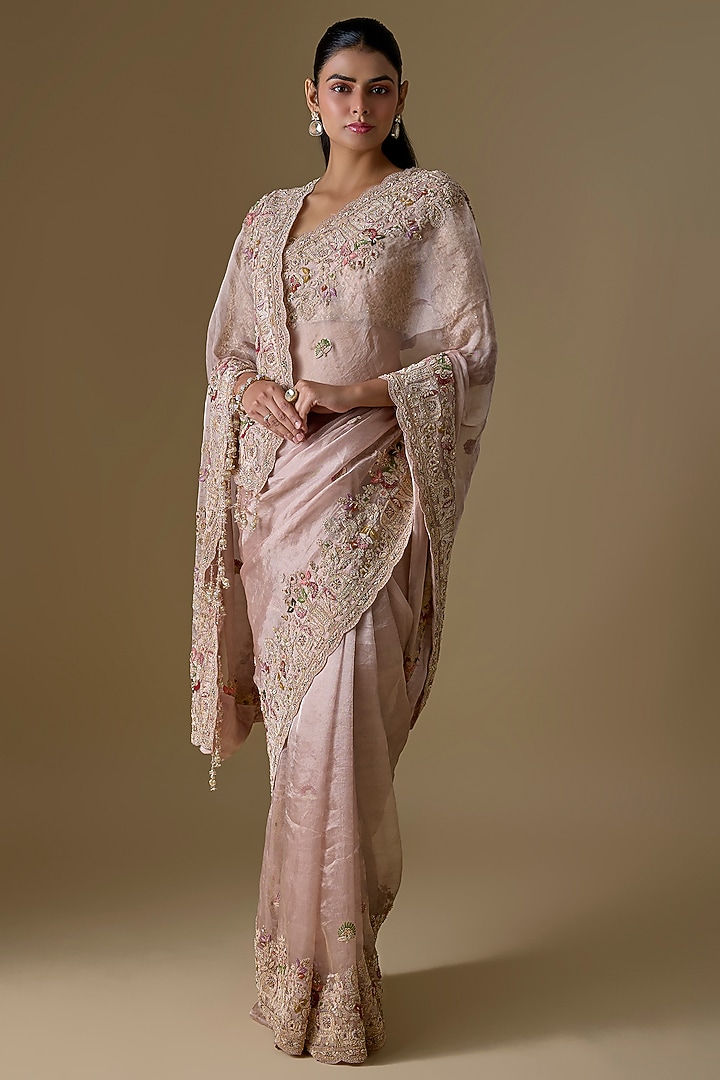 Peach Tissue Hand & Machine Embroidered Bridal Saree Set by Kalighata at Pernia's Pop Up Shop